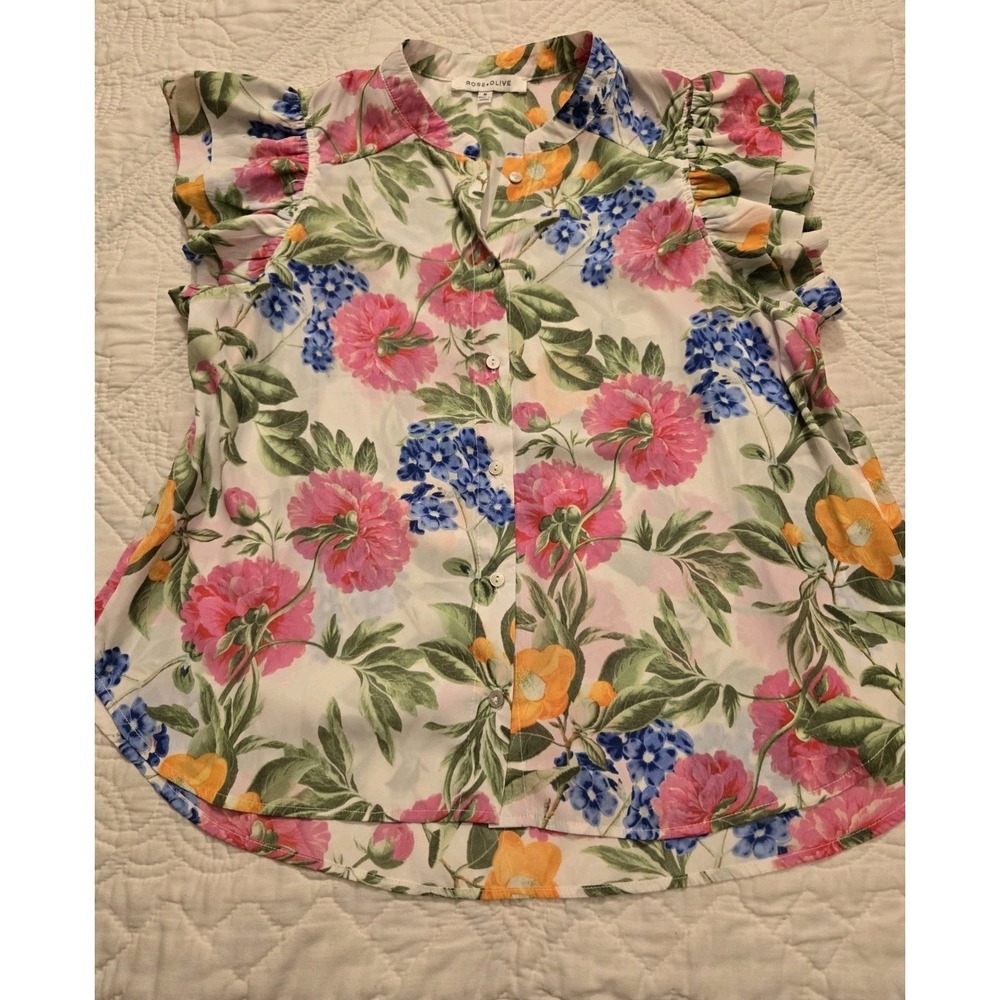 Rose + Olive Resort Multicolor Floral Print Blouse Size M Bright Flutter Sleeve